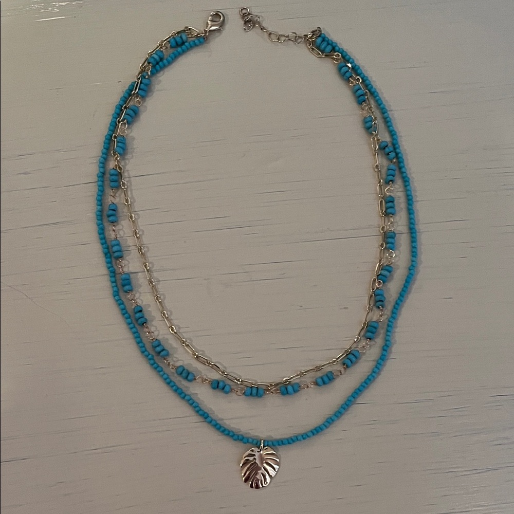 South Moon Under Turquoise Beaded Necklace with Silver Leaf Pendant